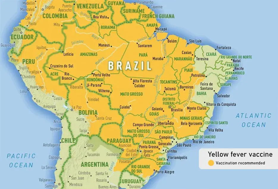 Areas of yellow fever in South America