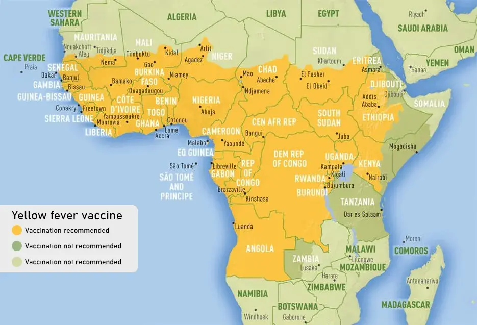 Areas with risk of Yellow fever virus transmission-in Africa