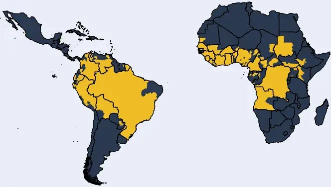 South America and Africa - parts of these continents suffer from yellow fever