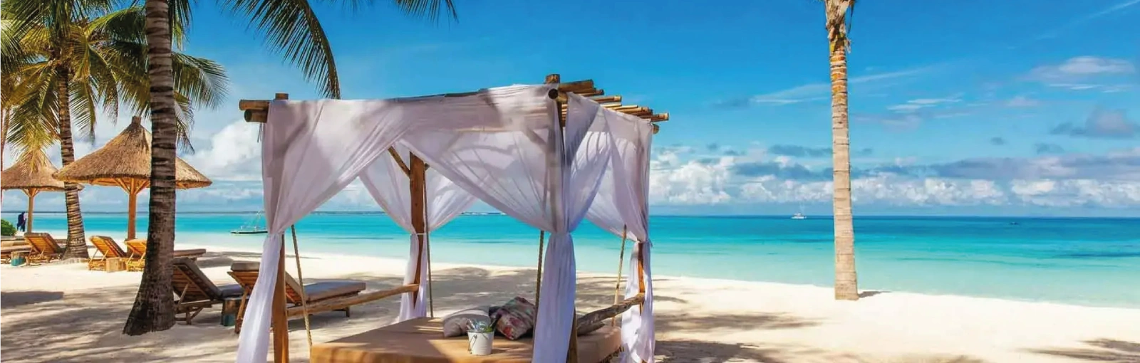 Tropical Zanzibar beach with palm trees and a relaxing seating area by the ocean