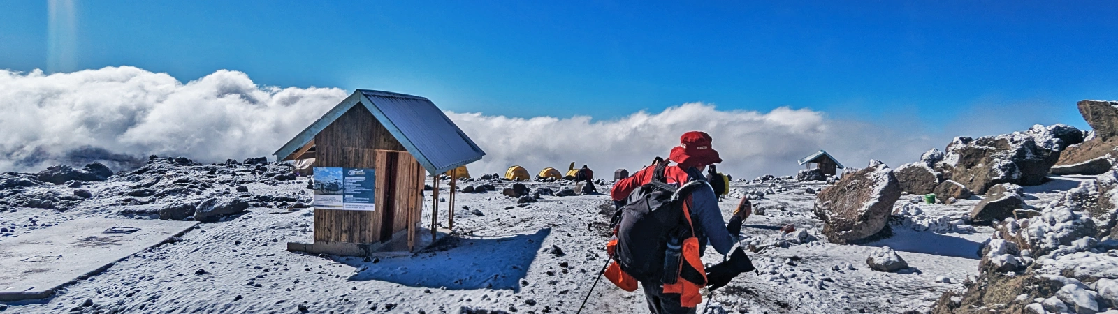Views of the Kosovo camp from the summit, looking down to the base camp after completing the 6-day Machame route climb.